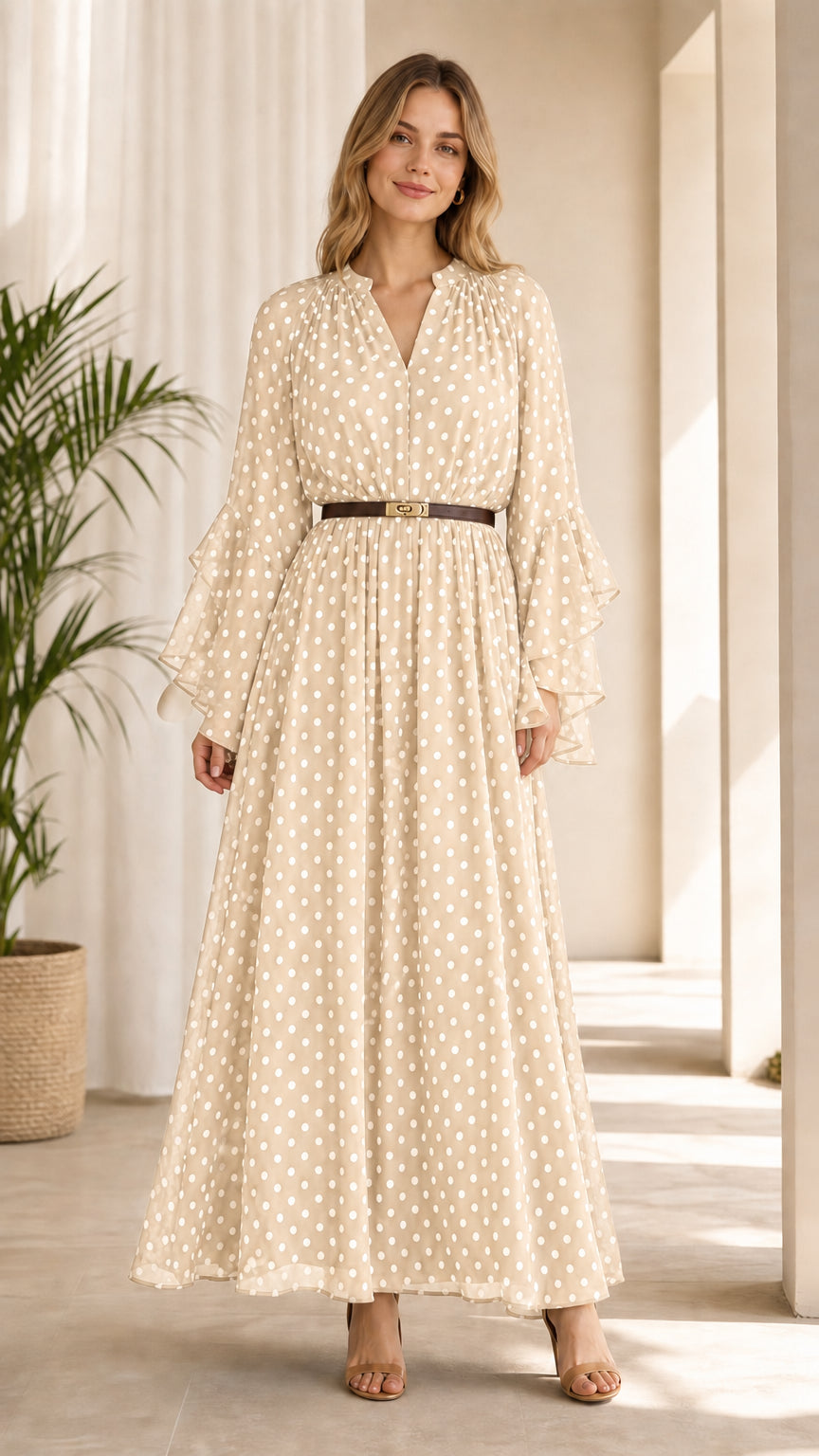 Model wearing cream beige polka dot maxi dress with belt