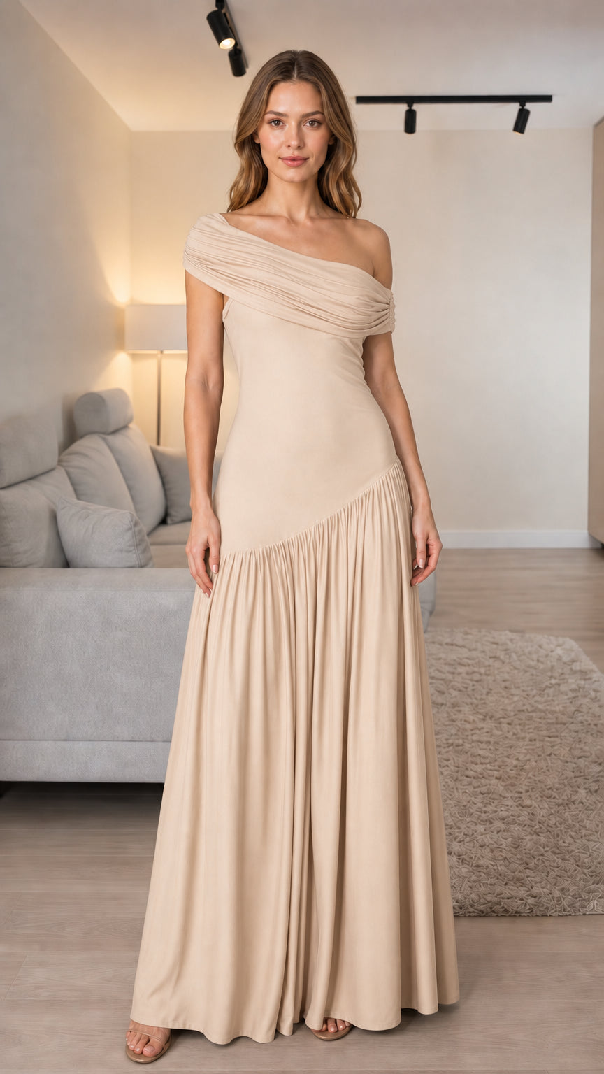 Front view of champagne beige one-shoulder pleated maxi dress