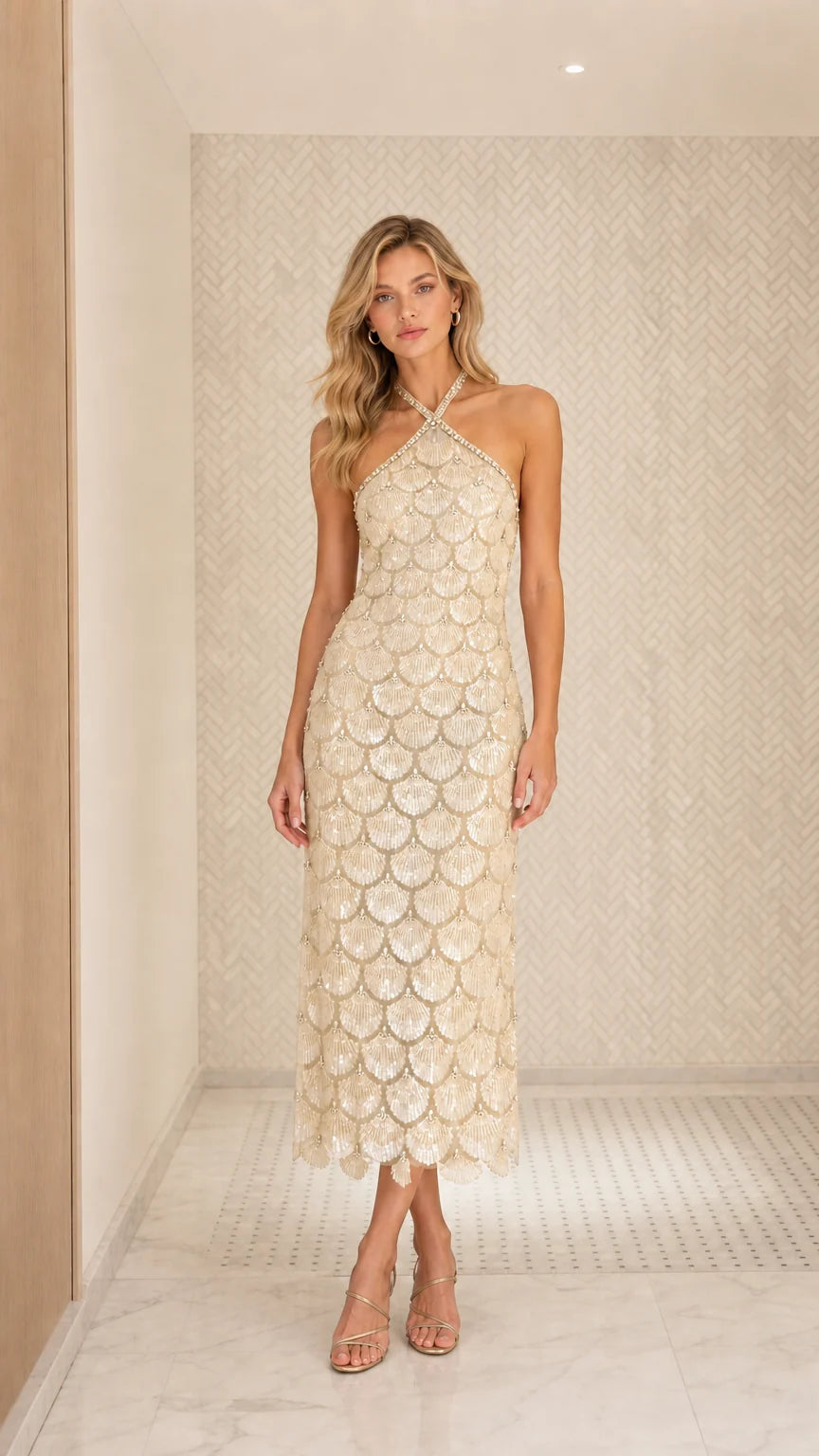 Front view of model wearing champagne sequin halter midi dress