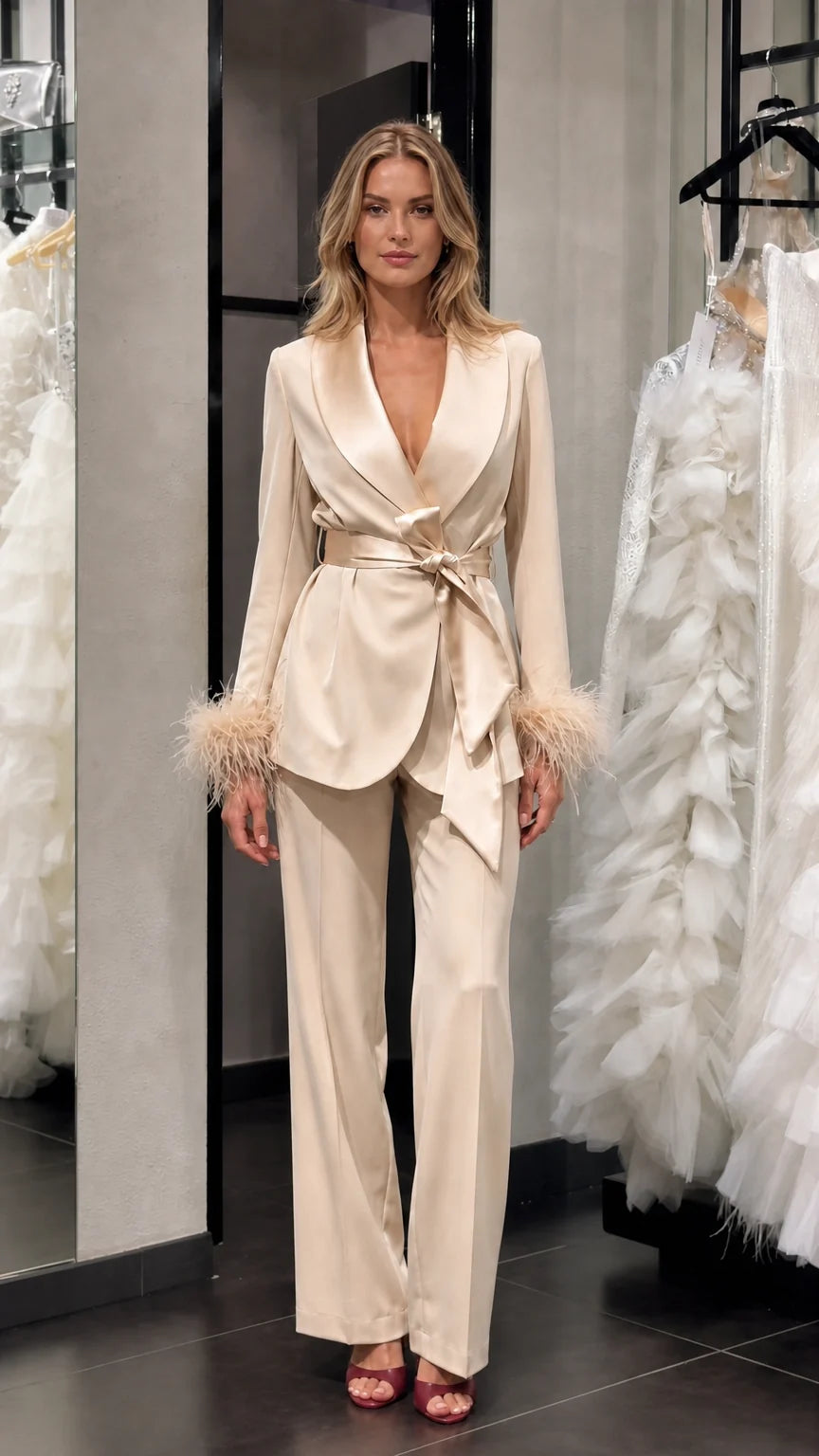 Model wearing champagne satin feather cuff pantsuit set