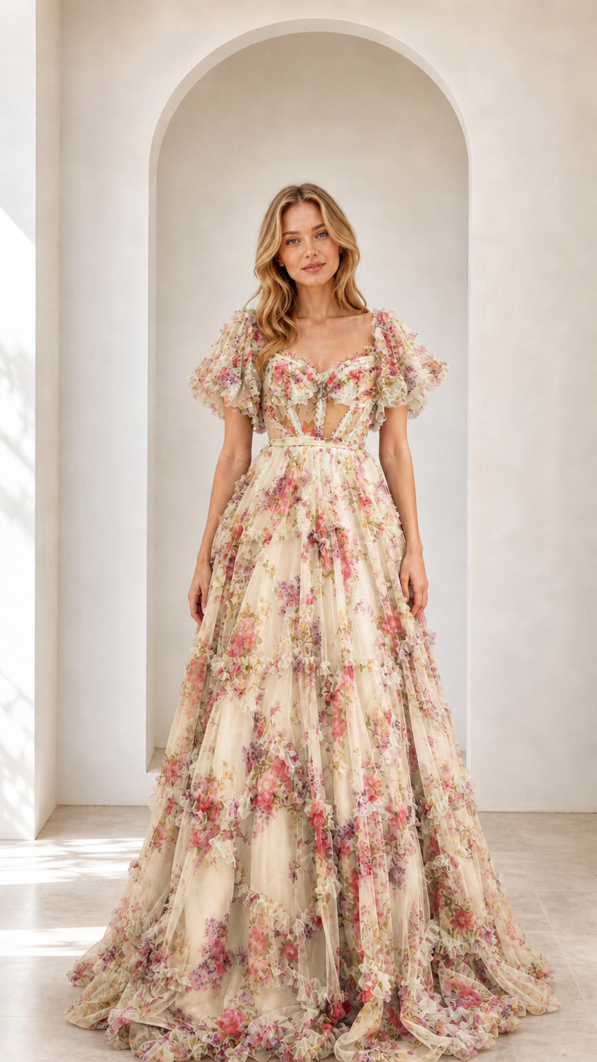 Full-length front view of champagne cream floral ruffled tulle ball gown