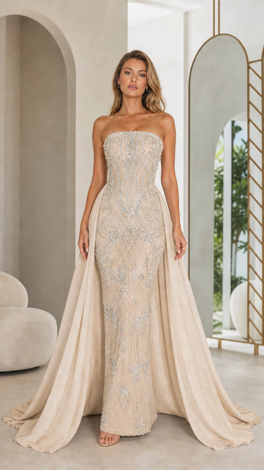 Champagne variant of strapless beaded mermaid evening gown with overskirt