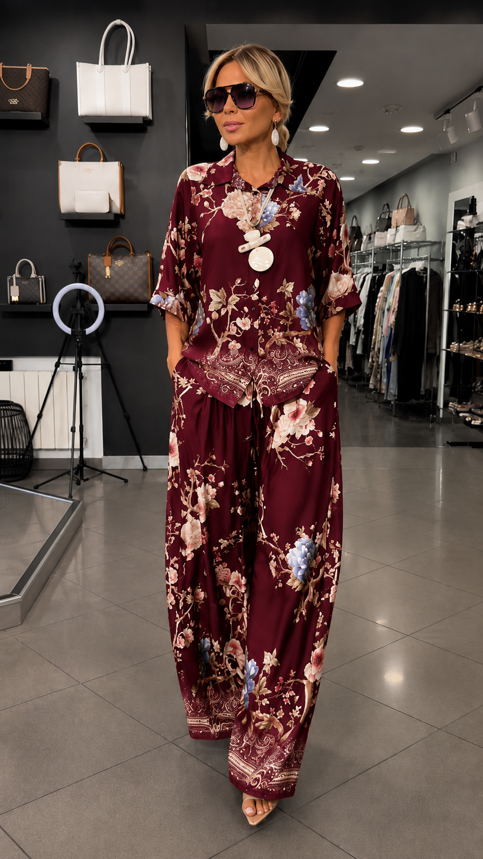 Floral Print Two Piece Set With Button Shirt & Wide Leg