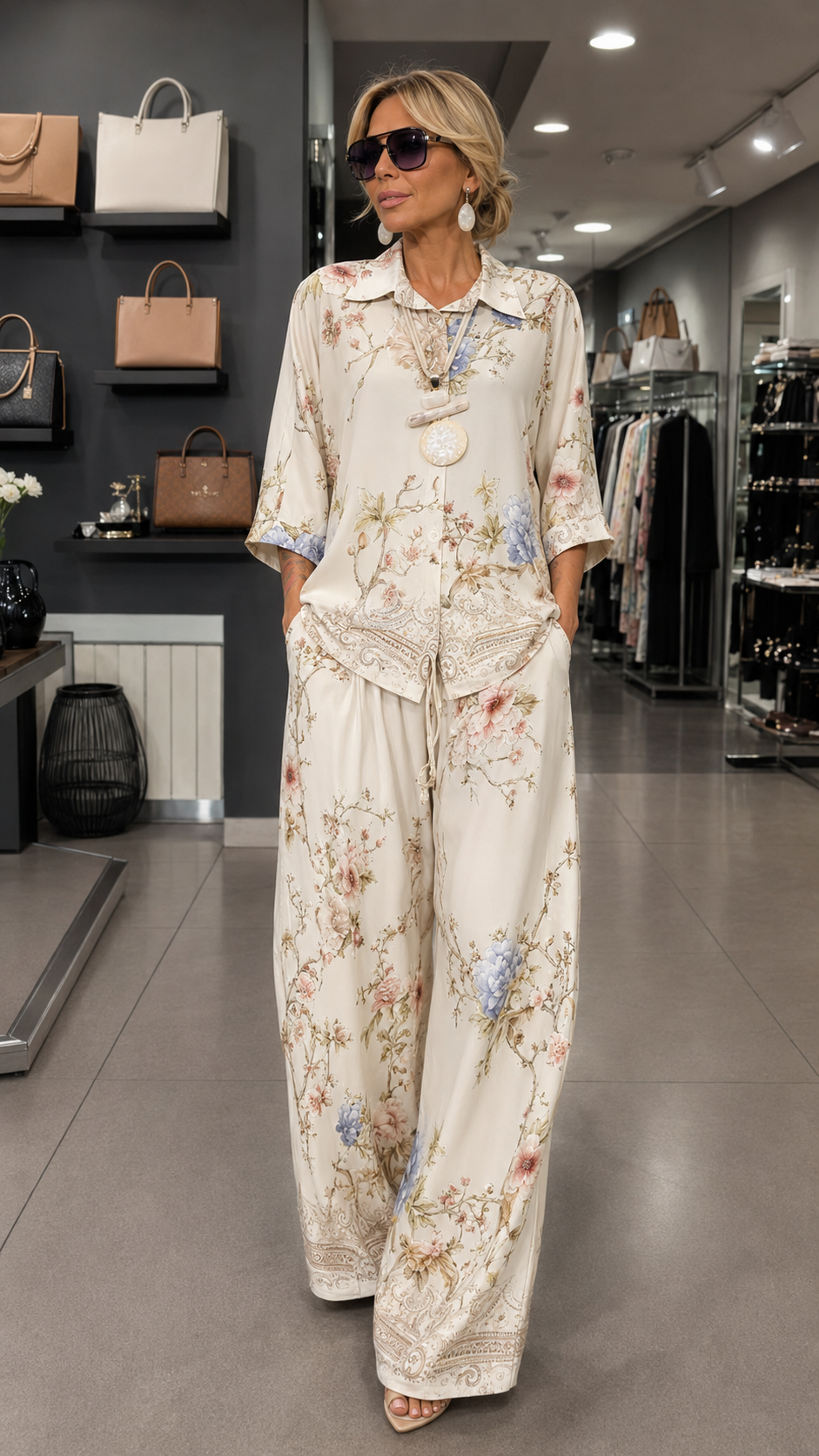 Floral Print Two Piece Set With Button Shirt & Wide Leg