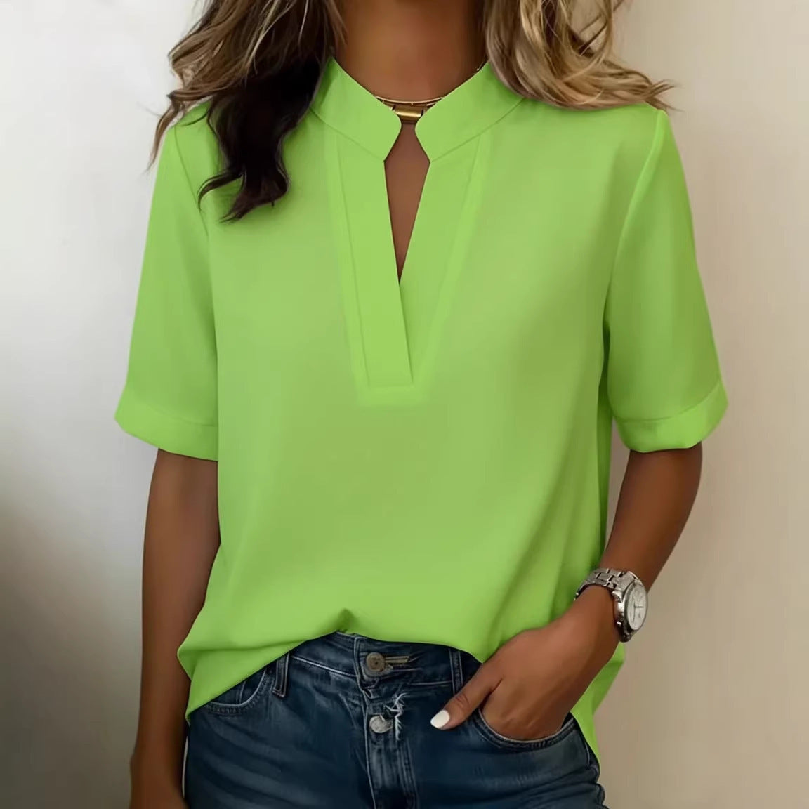 Solid Color Square-Neck Short-Sleeve Top