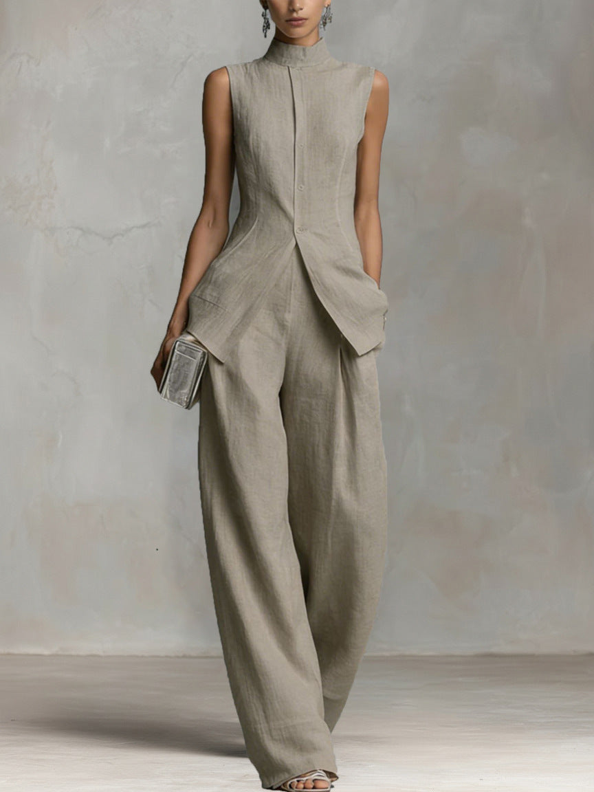 Ivory Sleeveless High-Neck Wide-Leg Two-Piece Set