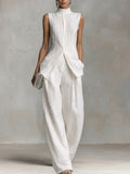 Sleeveless Linen-Blend Button Vest Wide Leg Set