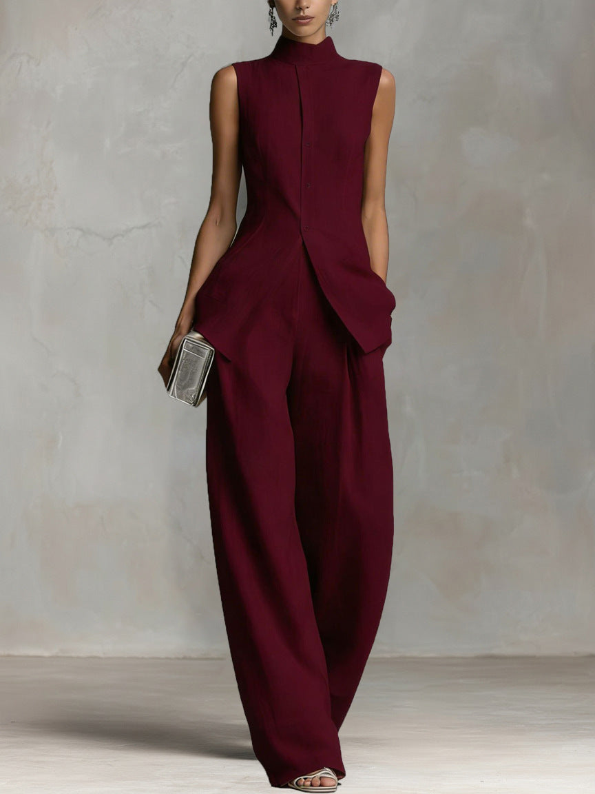Ivory Sleeveless High-Neck Wide-Leg Two-Piece Set