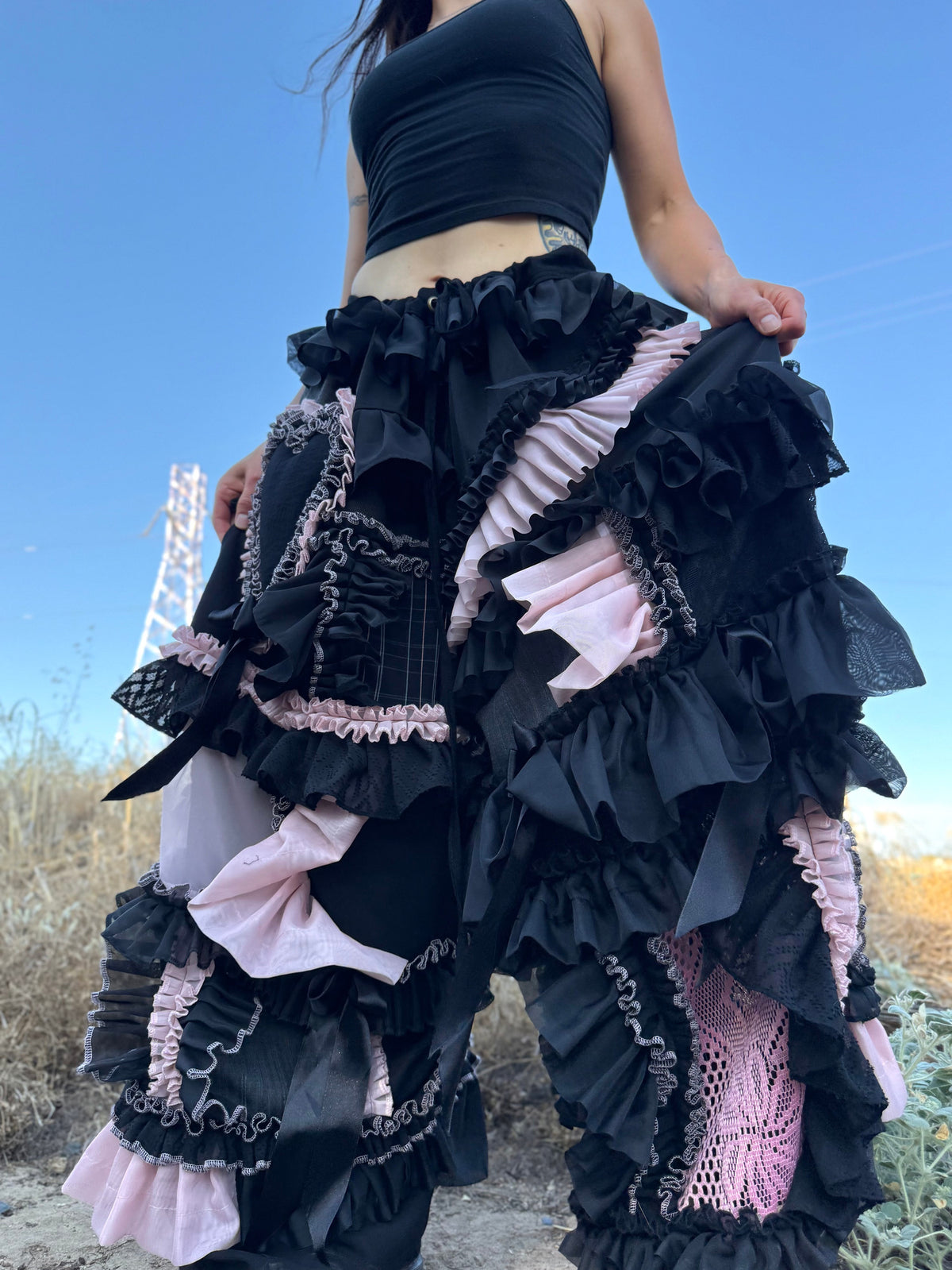 Upcycled Adjustable-Waist Ruffle Pants