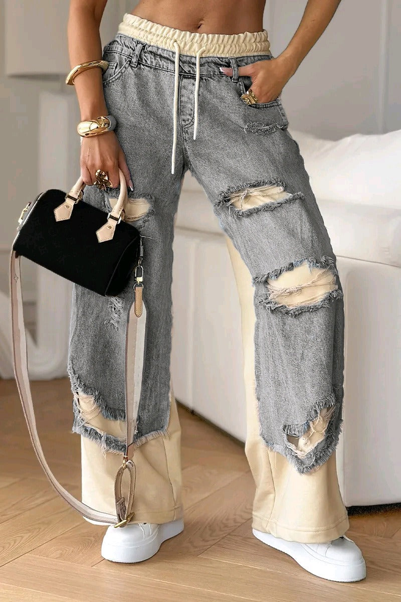 Edgy Color Block Ripped Wide Leg Jeans - Drawstring Waist Patchwork Casual Denim Pants for Street Style