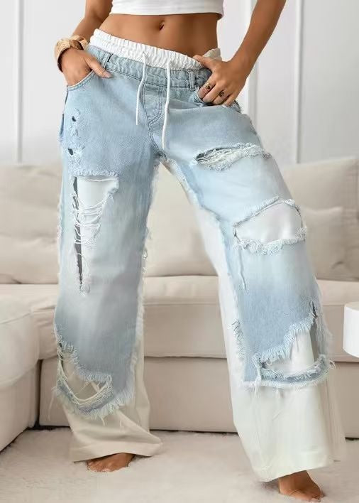Edgy Color Block Ripped Wide Leg Jeans - Drawstring Waist Patchwork Casual Denim Pants for Street Style
