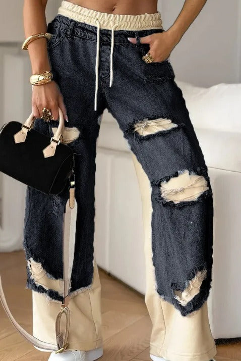 Edgy Color Block Ripped Wide Leg Jeans - Drawstring Waist Patchwork Casual Denim Pants for Street Style